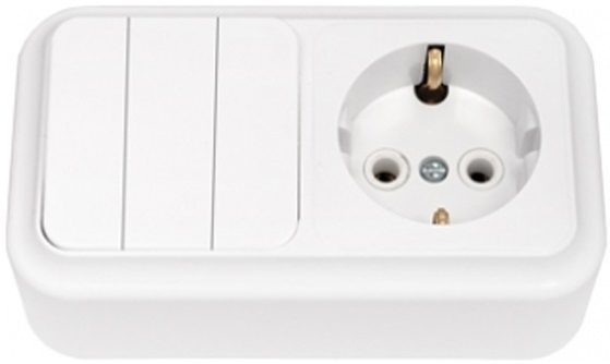 Выключатель тройной с розеткой и заземлением наружный BYLECTRICA Пралеска белый (3В-РЦ-531) купить в Мастак Выключатель тройной с розеткой и заземлением наружный BYLECTRICA Пралеска белый (3В-РЦ-531) купить в сети строительных магазинов Мастак