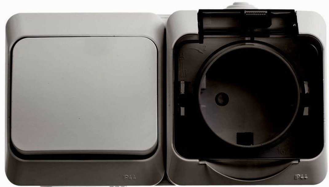 Выключатель с розеткой наружный с заземлением SCHNEIDER ELECTRIC Этюд серый (BPA16-241C) купить в Мастак Выключатель с розеткой наружный с заземлением SCHNEIDER ELECTRIC Этюд серый (BPA16-241C) купить в сети строительных магазинов Мастак