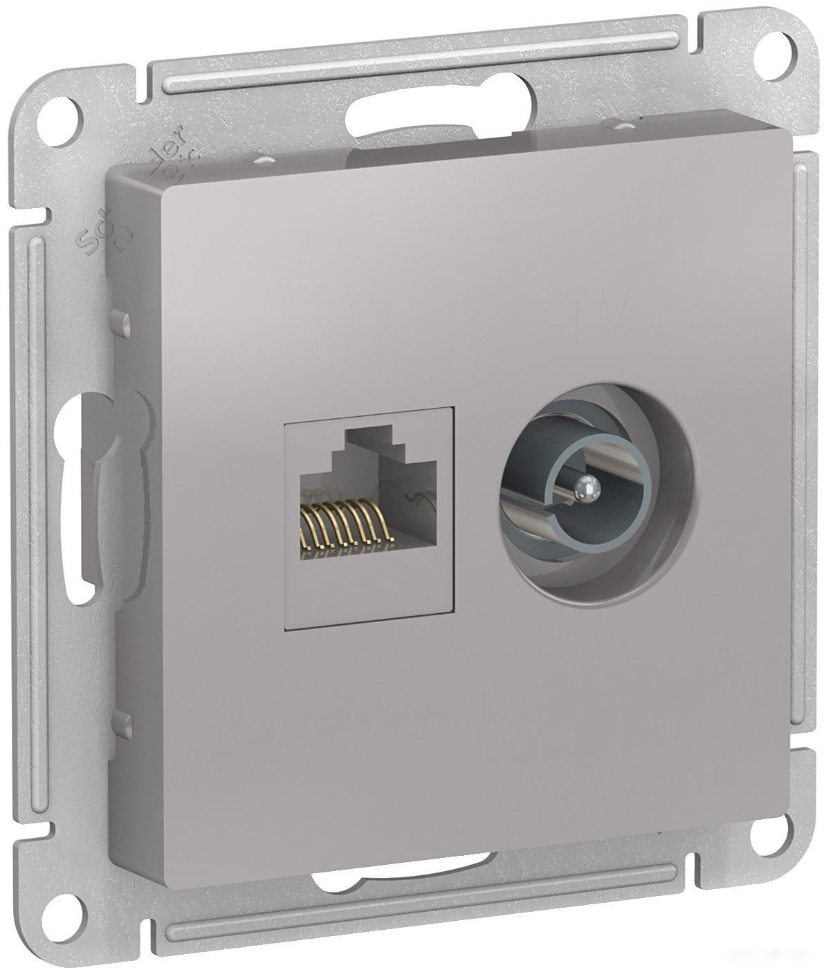 Розетка компьютерная и телевизионная SCHNEIDER ELECTRIC AtlasDesign алюминий (ATN000389) купить в Мастак Розетка компьютерная и телевизионная SCHNEIDER ELECTRIC AtlasDesign алюминий (ATN000389) купить в сети строительных магазинов Мастак