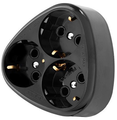 Разветвитель тройник для розетки BYLECTRICA 16А 250В с заземлением круглый черный (РВ16-259ч) купить в Мастак Разветвитель тройник для розетки BYLECTRICA 16А 250В с заземлением круглый черный (РВ16-259ч) купить в сети строительных магазинов Мастак