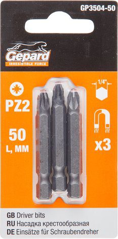 Бита для шуруповерта магнитная PZ2 50 мм GEPARD 3 штуки (GP3504-50) купить в сети строительных магазинов Мастак