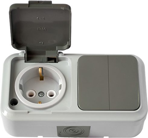 Выключатель двойной с розеткой наружный с заземлением BYLECTRICA Пралеска Аква серый 2В-РЦ-659(03) купить в Мастак Выключатель двойной с розеткой наружный с заземлением BYLECTRICA Пралеска Аква серый 2В-РЦ-659(03) купить в сети строительных магазинов Мастак