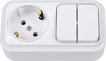 Выключатель двойной с розеткой наружный BYLECTRICA Вариант белый (2В-РЦ-7122) купить в Мастак Выключатель двойной с розеткой наружный BYLECTRICA Вариант белый (2В-РЦ-7122) купить в сети строительных магазинов Мастак