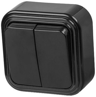 Выключатель двухклавишный наружный ЮПИТЕР Стандарт черный (JP7412-02) купить в Мастак Выключатель двухклавишный наружный ЮПИТЕР Стандарт черный (JP7412-02) купить в сети строительных магазинов Мастак