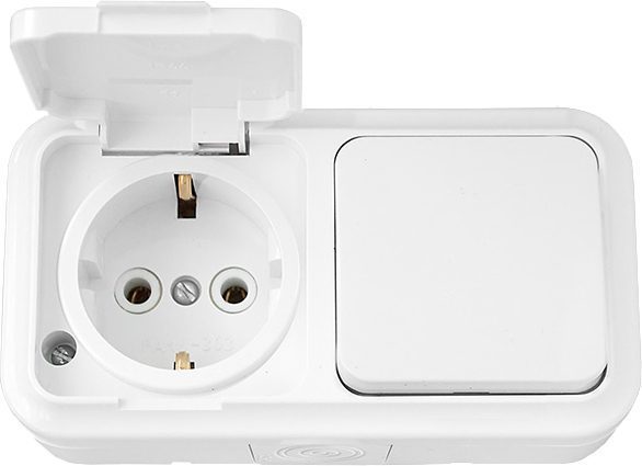 Выключатель с розеткой наружный с заземлением BYLECTRICA Пралеска Аква белый (В-РЦ-657) купить в Мастак Выключатель с розеткой наружный с заземлением BYLECTRICA Пралеска Аква белый (В-РЦ-657) купить в сети строительных магазинов Мастак