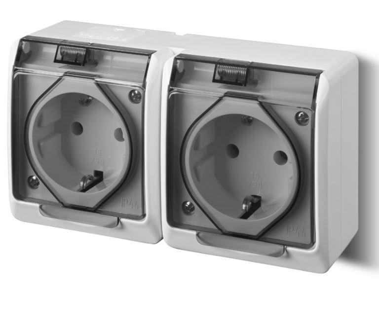 HERMES - Розетка 2x2P+E, 16A/250V, с крышкой, IP44, белый