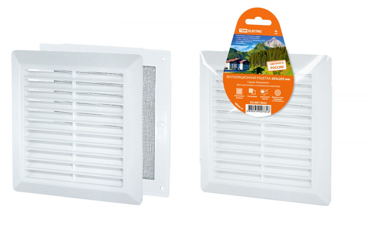 Решетка вентиляционная разъемная с москитной сеткой, наклонные жалюзи, 203х203 TDM