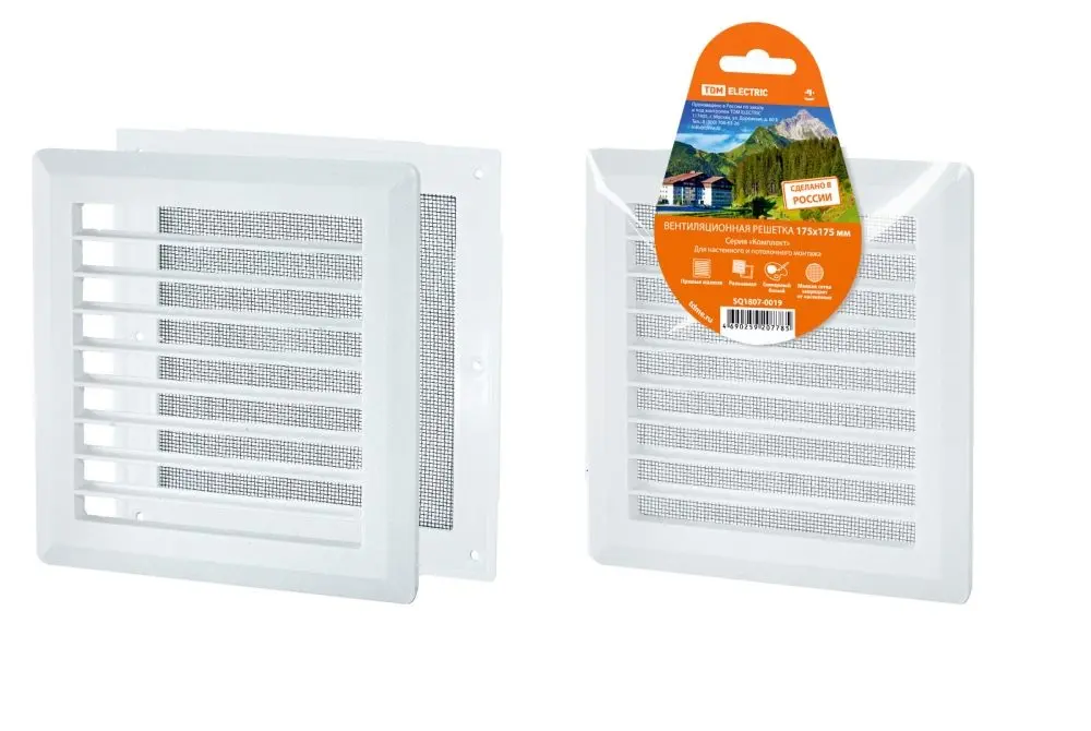 Решетка вентиляционная разъемная с москитной сеткой, прямые жалюзи, 175х175 TDM