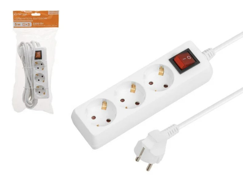 Удлинитель 5м (3 роз., 2,2кВт, с з, выкл, ПВС 3х0,75) Юпитер