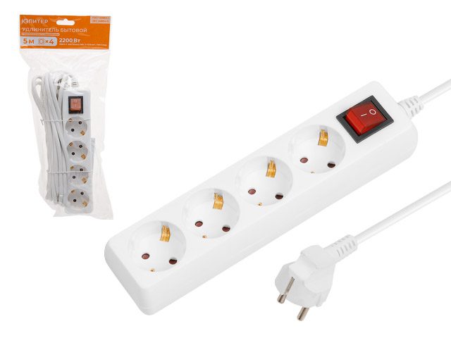 Удлинитель 5м (4 роз., 2,2кВт, с з, выкл, ПВС 3х0,75) Юпитер