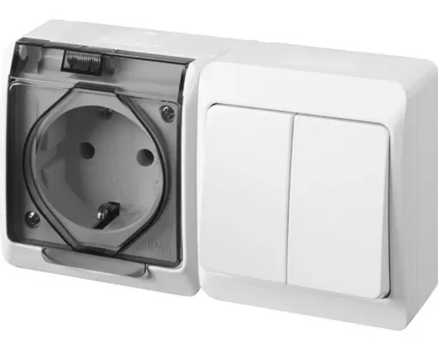 Выключатель двухклавишный с розеткой наружный ELEKTRO-PLAST Hermes белый (0327-03)