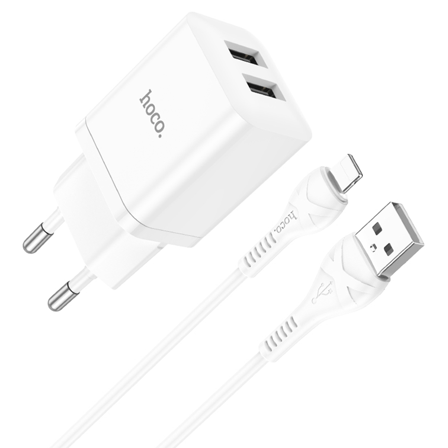 Сетевое зарядное устройство Hoco N25 (2USB 5V 2.1A + кабель Lightning) цвет белый