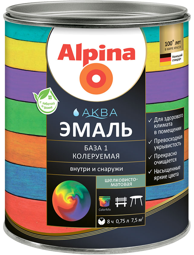 Эмаль акриловая Alpina АКВА Эмаль колеруемая шелковисто-матовая База1 10л