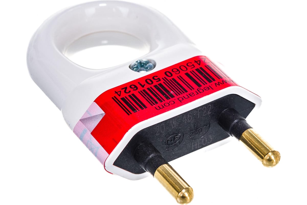 Вилка с кольцом 6А 2Р, пластик, белый